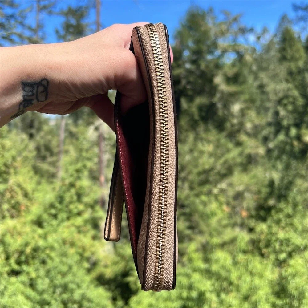COACH Long Zip-Around Wallet Taupe Pebble Leather Wallet Gold Hardware AUTHENTIC